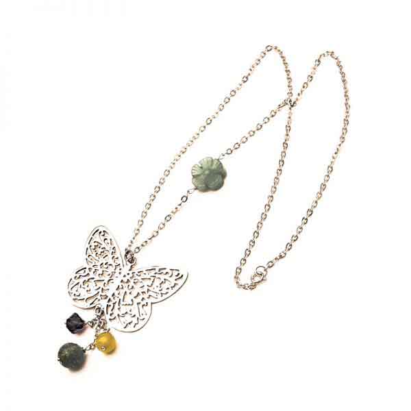 Butterfly silver necklace with semi-precious colored stones